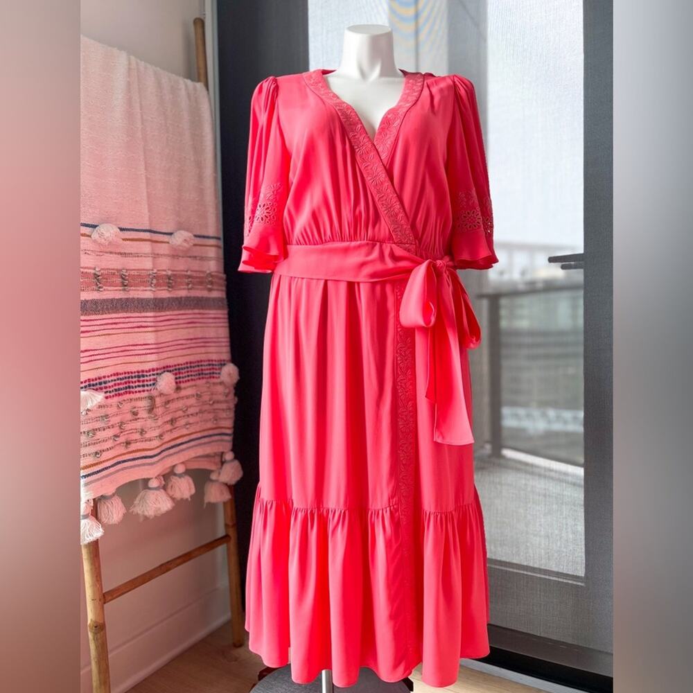 Kobi Halperin Elaine Flamingo Short Flutter Sleeve Wrap Midi Dress Women’s XL